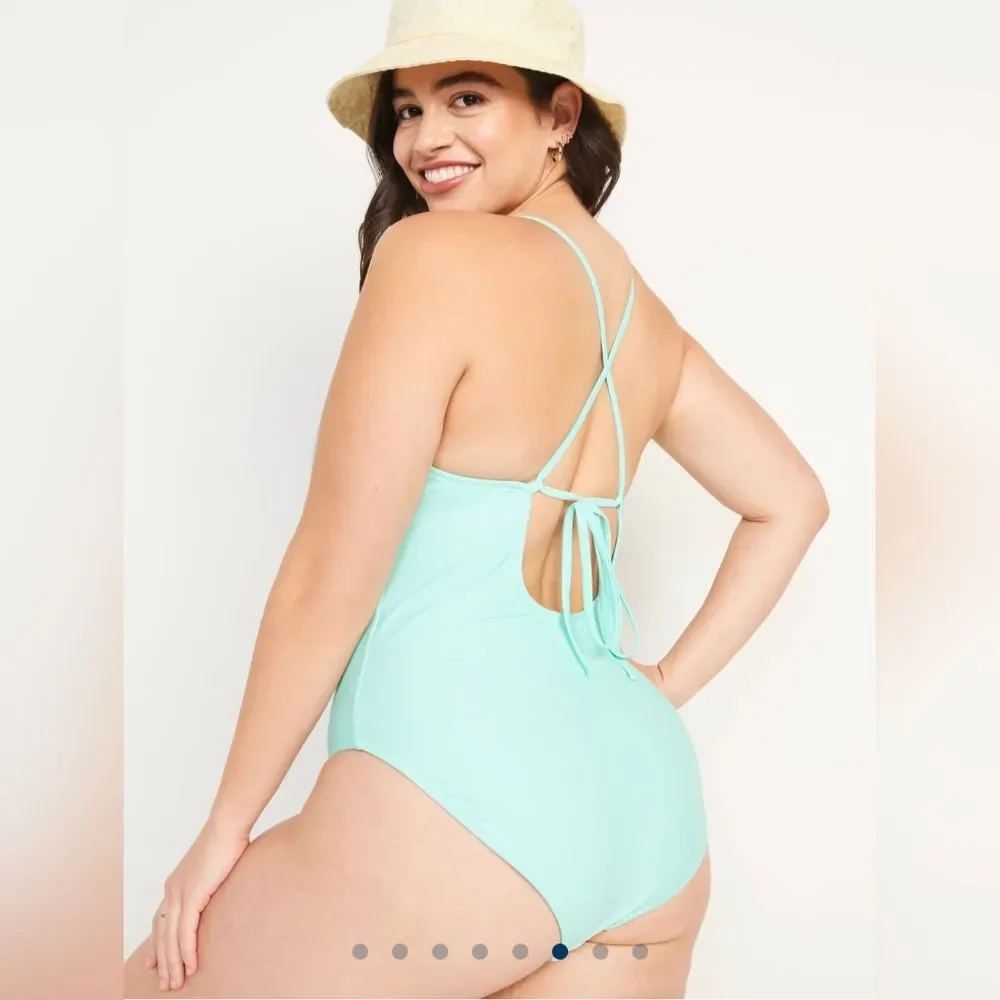 V-Neck Ruffle-Trim Cutout One-Piece Swimsuit Icelandic Fjord Old Navy (M + 2X)
